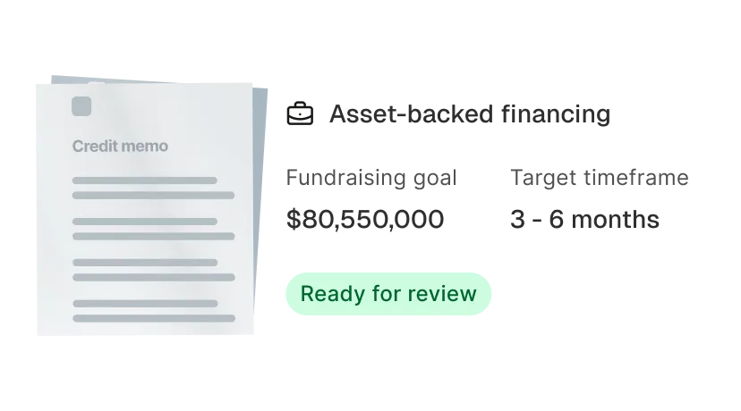 Document titled 'Credit memo' with blurred text details and a green label saying 'Ready for review'.
