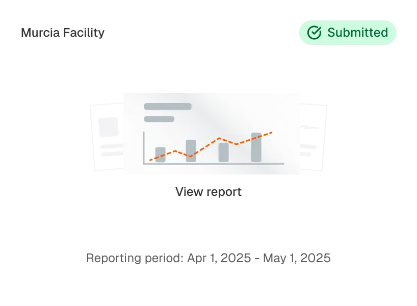 Report showing a bar chart with an orange dashed line indicating growth, labeled as 'Report Submitted' with a green checkmark.