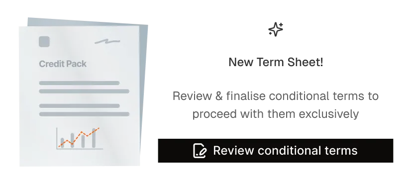 Illustration of a document titled 'Credit Pack' with a line and bar graph, plus a button labeled 'Review conditional terms'.