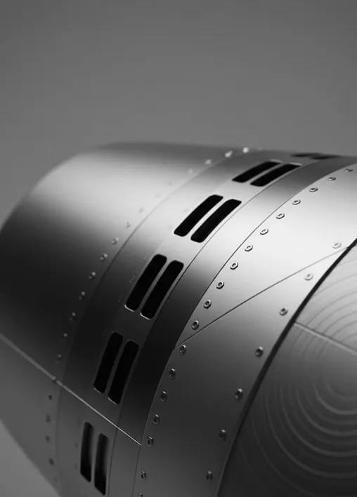 Close-up of a sleek metallic cylindrical object with ventilation slits and evenly spaced rivets in black and white.