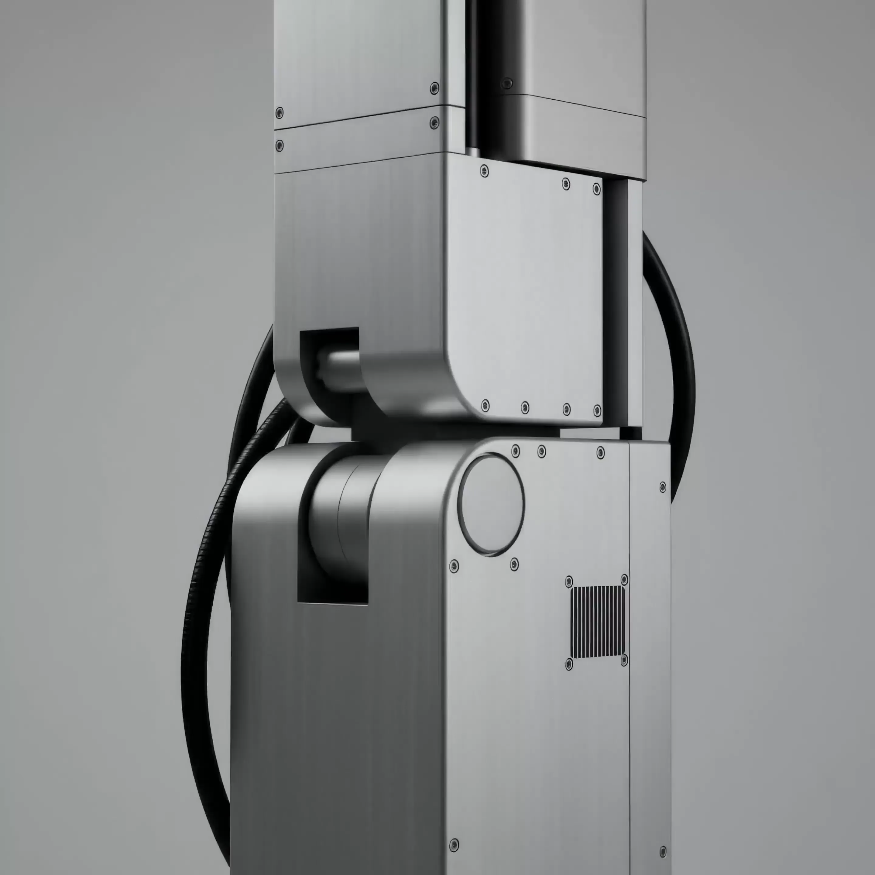 Close-up of a metallic robotic arm joint with visible screws and black cables against a plain background.