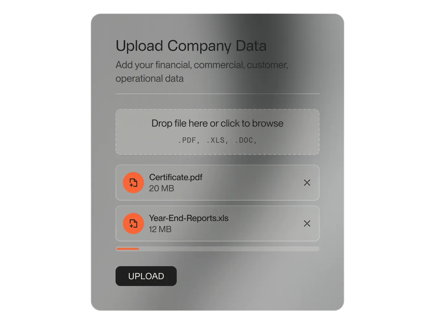 File upload interface with instructions to upload company data and a section to drop files or browse for .PDF, .XLS, .DOC files; displaying Certificate.pdf 20MB and Year-End-Reports.xls 12MB files ready for upload.