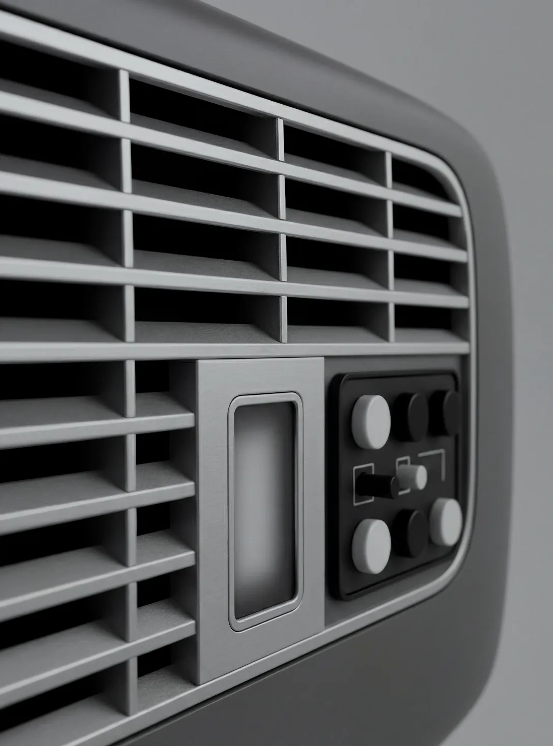 Close-up view of a gray air vent with adjustable horizontal slats and three black and white control knobs on the right side.