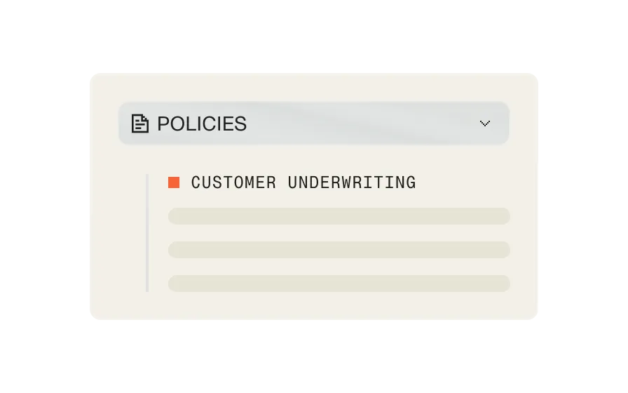 Dropdown menu labeled 'POLICIES' with an expanded option 'CUSTOMER UNDERWRITING' highlighted by an orange square.