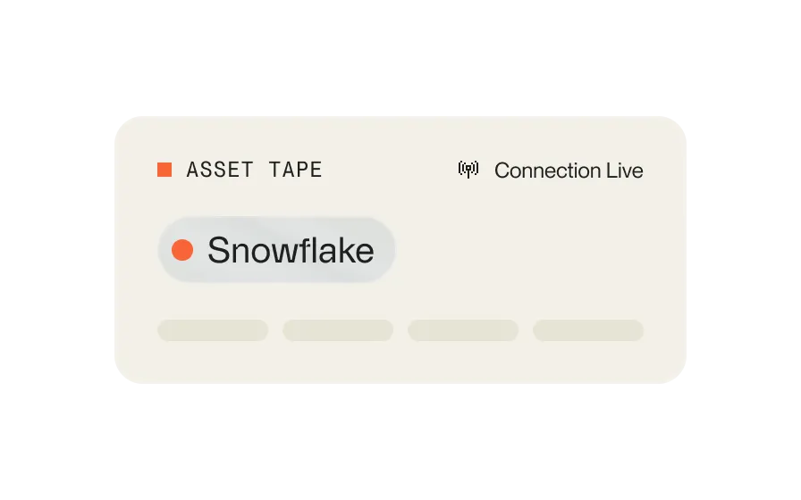 User interface panel labeled Asset Tape showing 'Snowflake' with a live connection indicator.