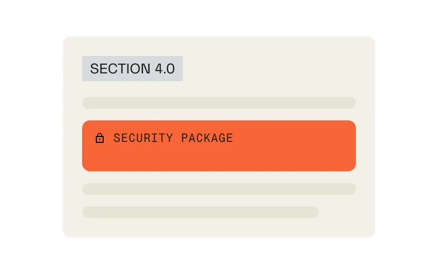 Digital interface panel showing Section 4.0 with an orange highlighted button labeled 'Security Package' and a lock icon.