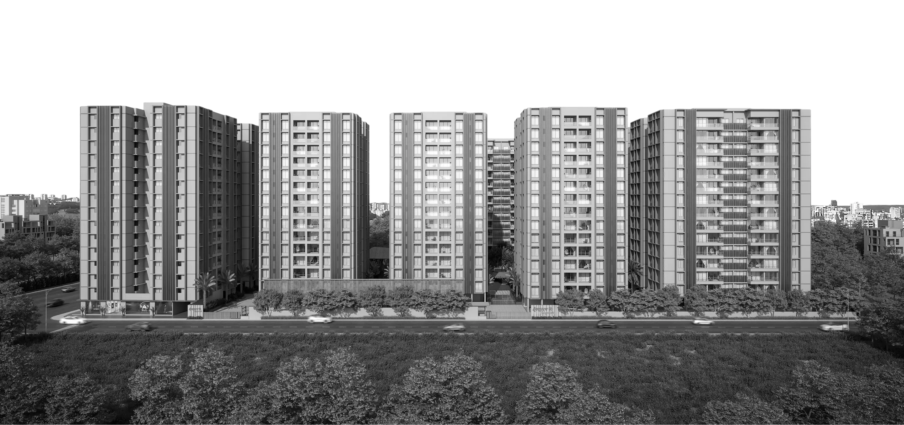 Modern residential apartment complex with multiple tall buildings surrounded by trees and a road with moving cars in front.