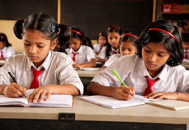 Group of schoolgirls in white uniforms with red ties focused on writing in notebooks at desks in a classroom.