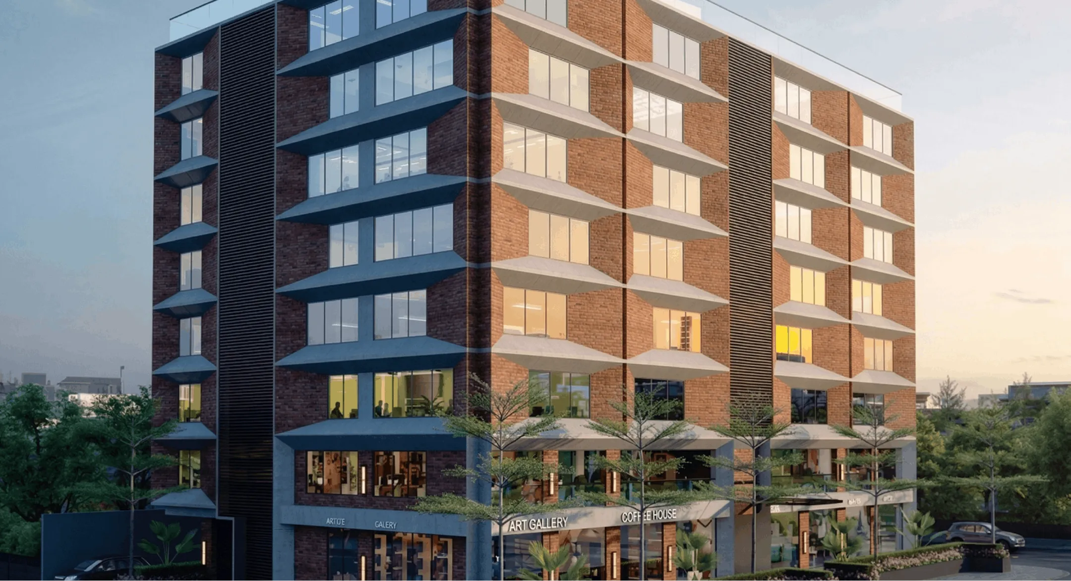 Modern multi-story commercial building with large windows, art gallery, coffee house, bars, and cafes on the ground floor, surrounded by trees and parked cars.