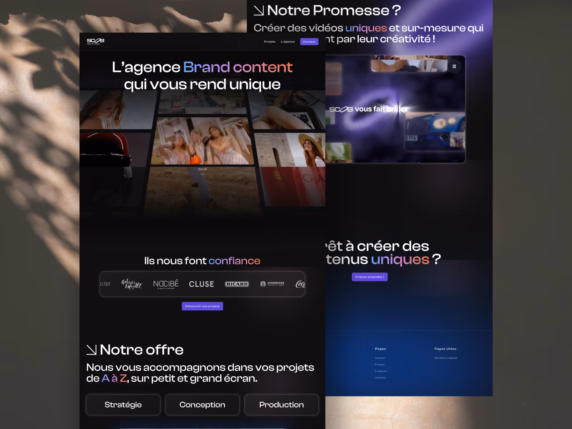 Scob website homepage showing a brand content agency with sections on unique video creation, trusted clients, and service offerings including strategy, design, and production.