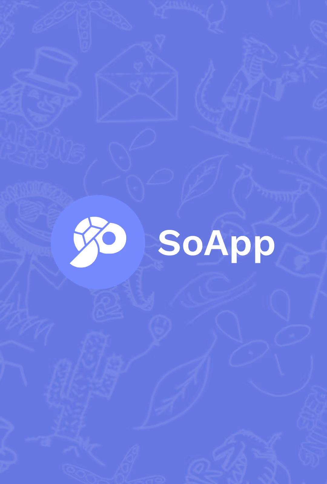 SoApp logo featuring a stylized turtle and paintbrush icon on a blue background with faint doodles of animals and symbols.