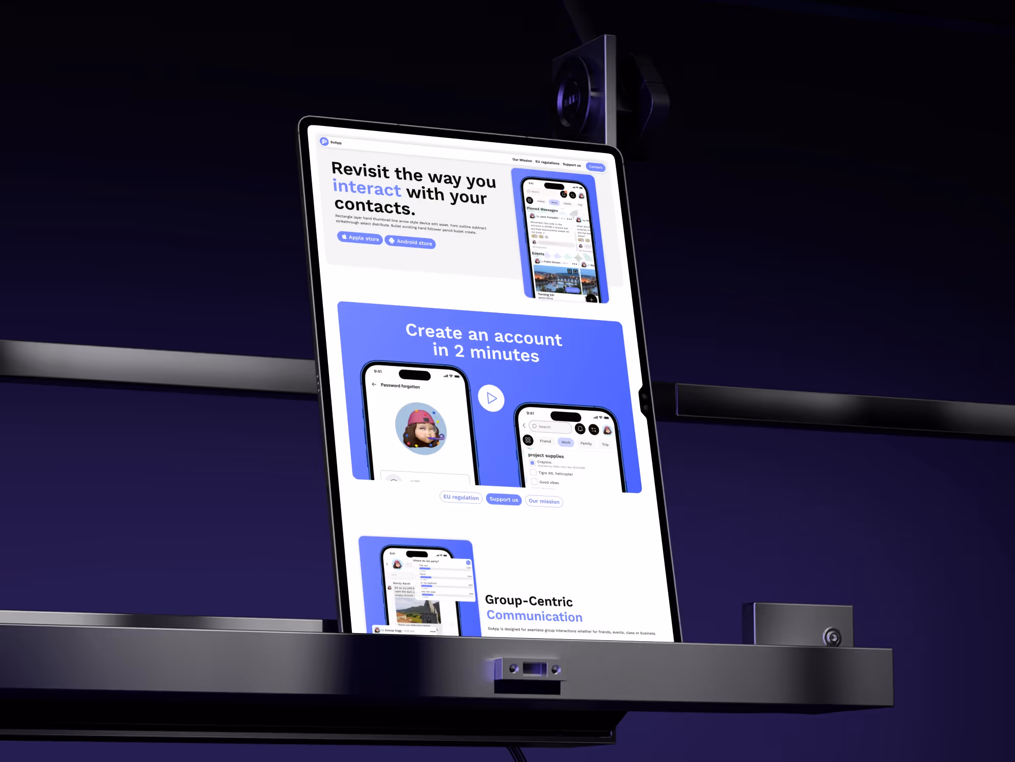 Laptop screen displaying a webpage for SoApp with messaging app screenshots and text promoting quick account creation and group-centric communication.