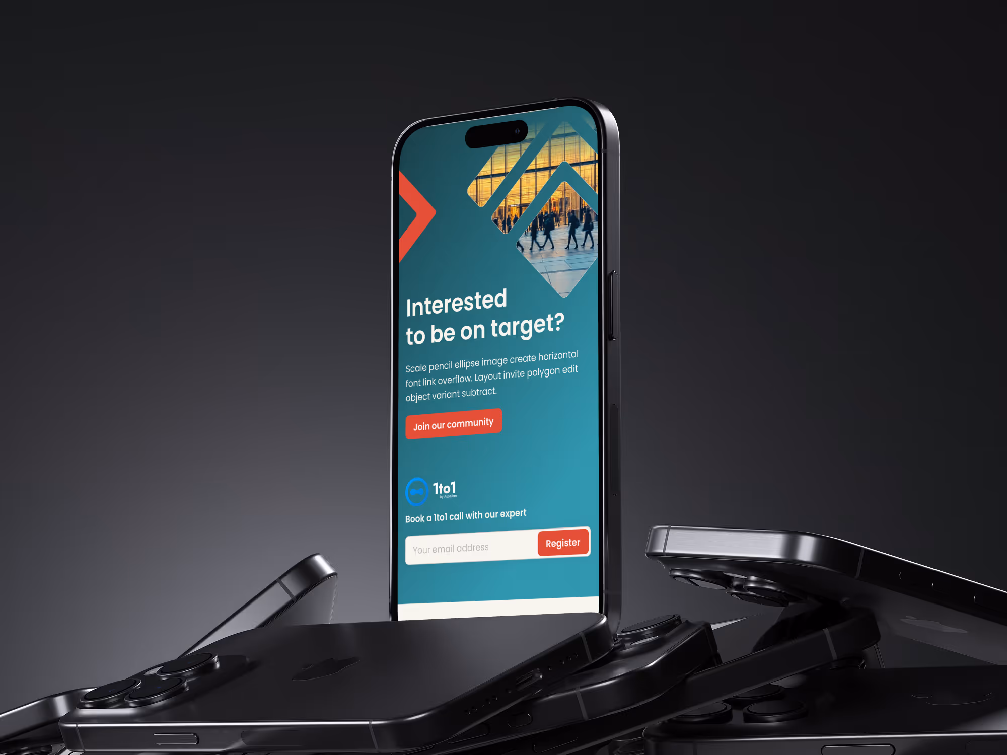 Black smartphone displaying Aspelian website with text 'Interested to be on target?' and a red button labeled 'Join our community,' surrounded by several black smartphones lying flat.