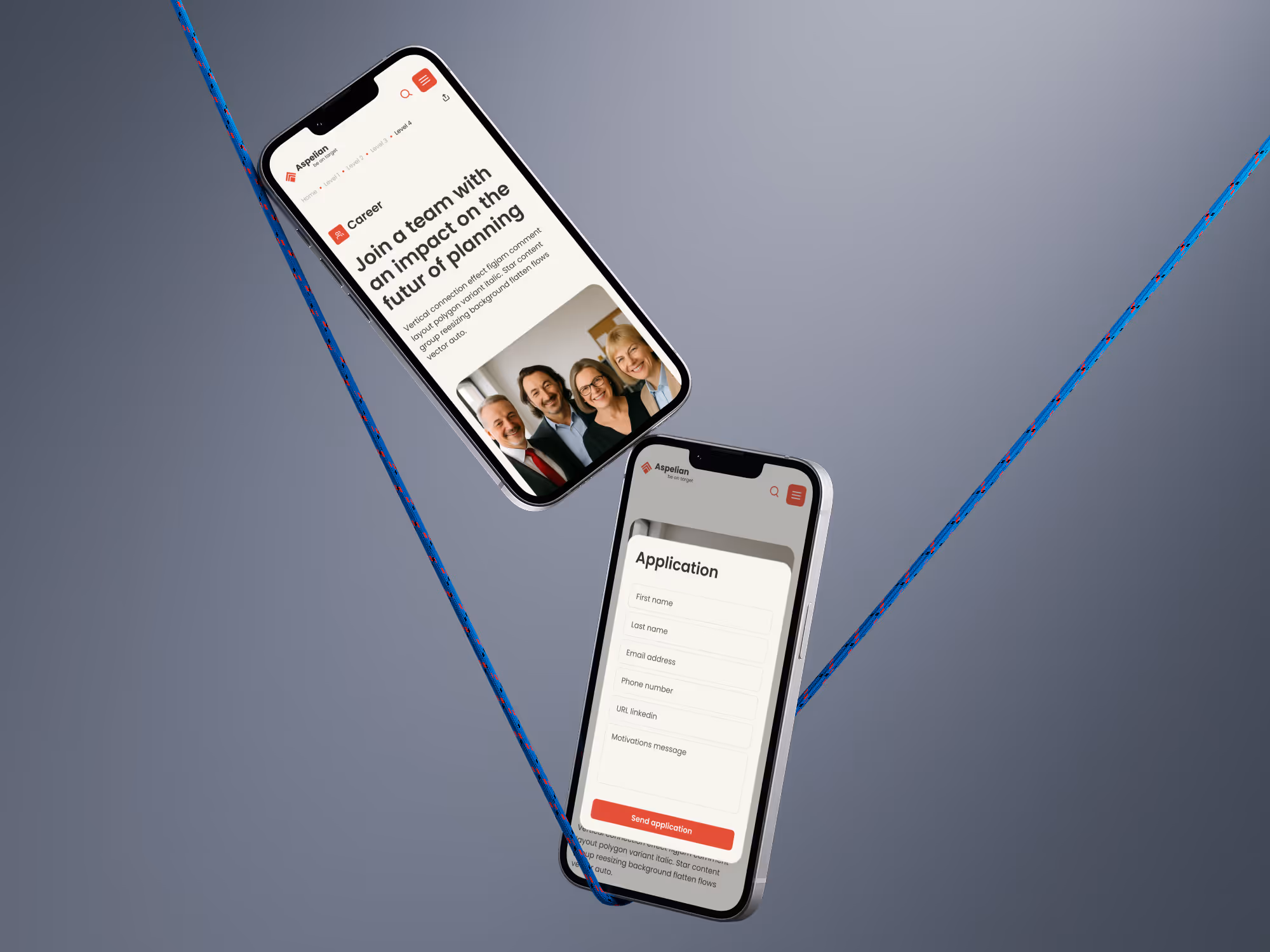 Two smartphones hanging on blue ropes showing a career page with a team photo and an application form on a gray background.