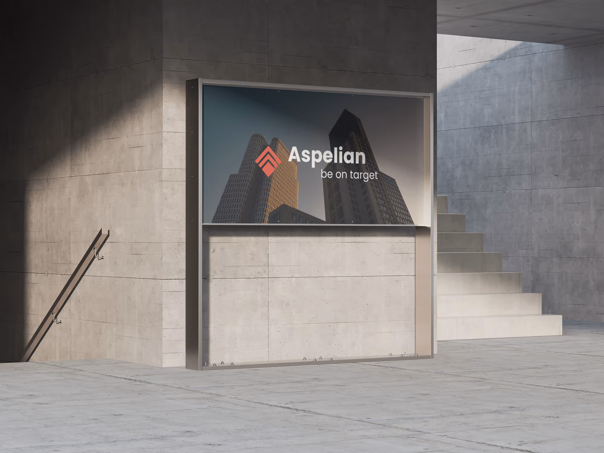 Outdoor billboard on a concrete wall displaying an image of modern skyscrapers with the text 'Aspelian be on target'.