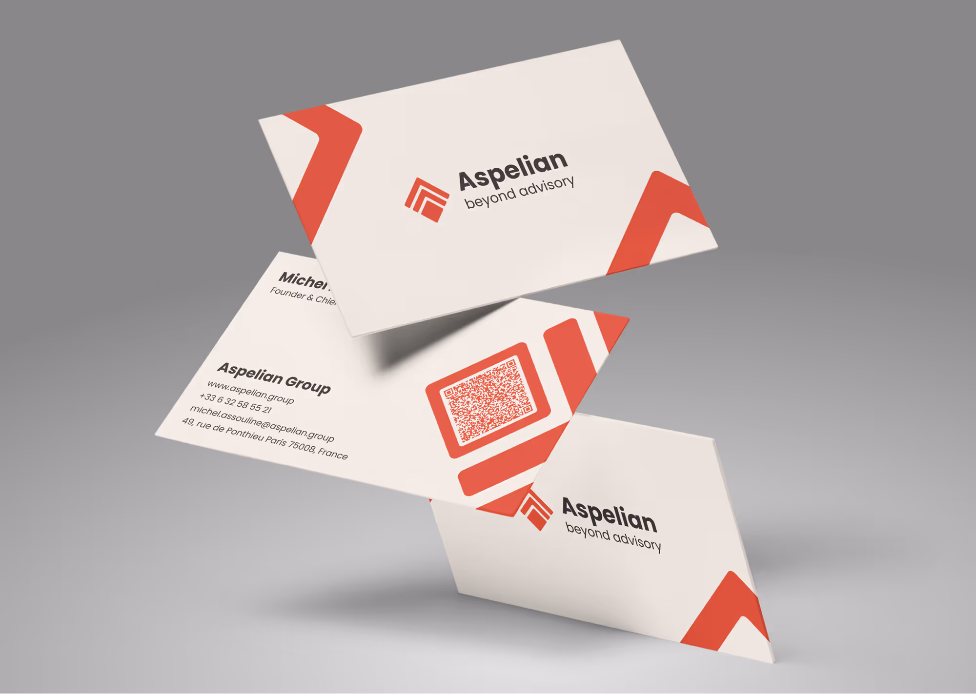 Three Aspelian business cards floating, showing red logo and branding with contact details including website, phone, email, and Paris address.