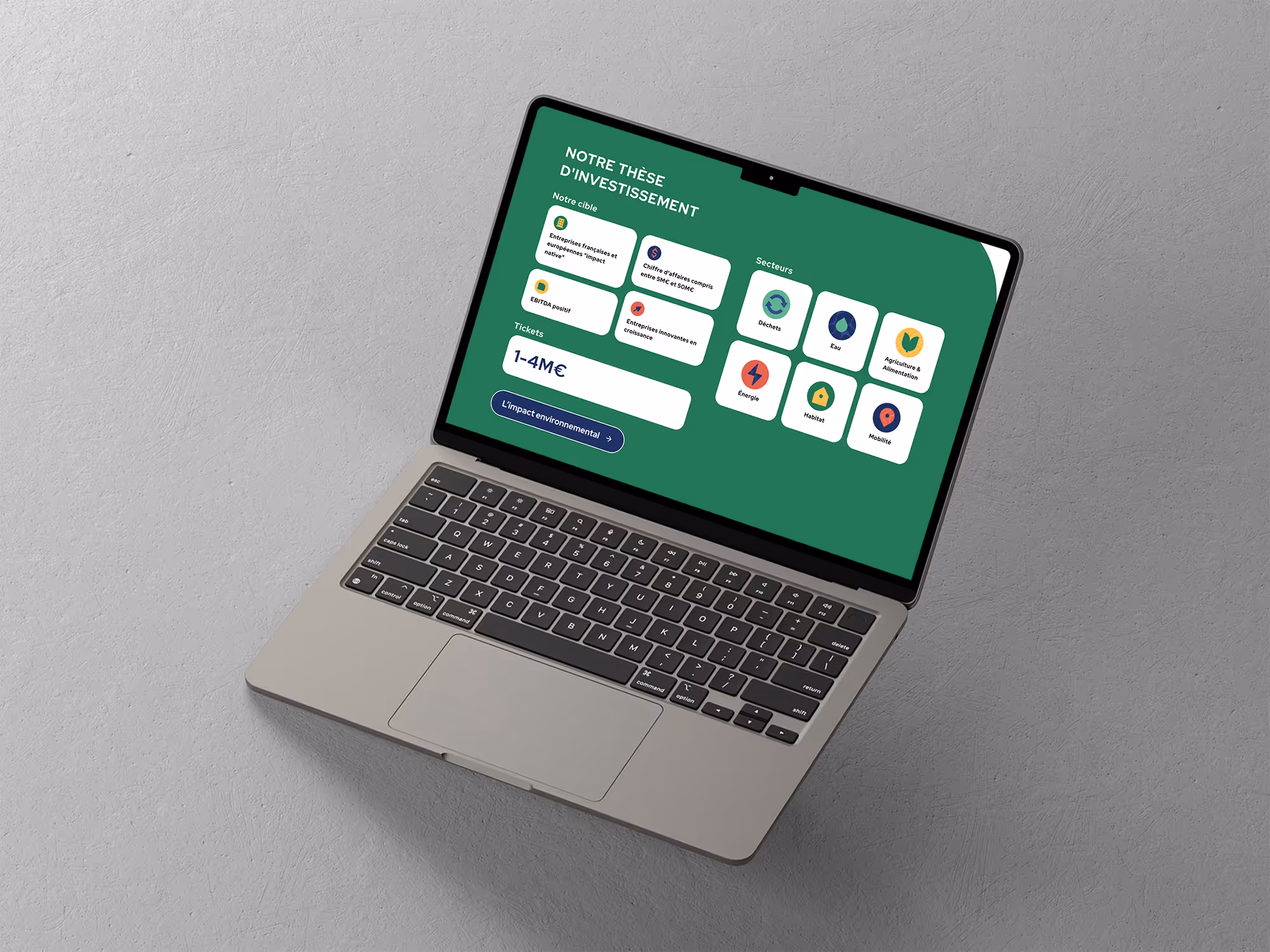 Open laptop on a gray surface displaying Famae Impact website on investment thesis section in French, highlighting target companies, ticket size, and sectors like waste, water, agriculture, energy, habitat, and mobility.
