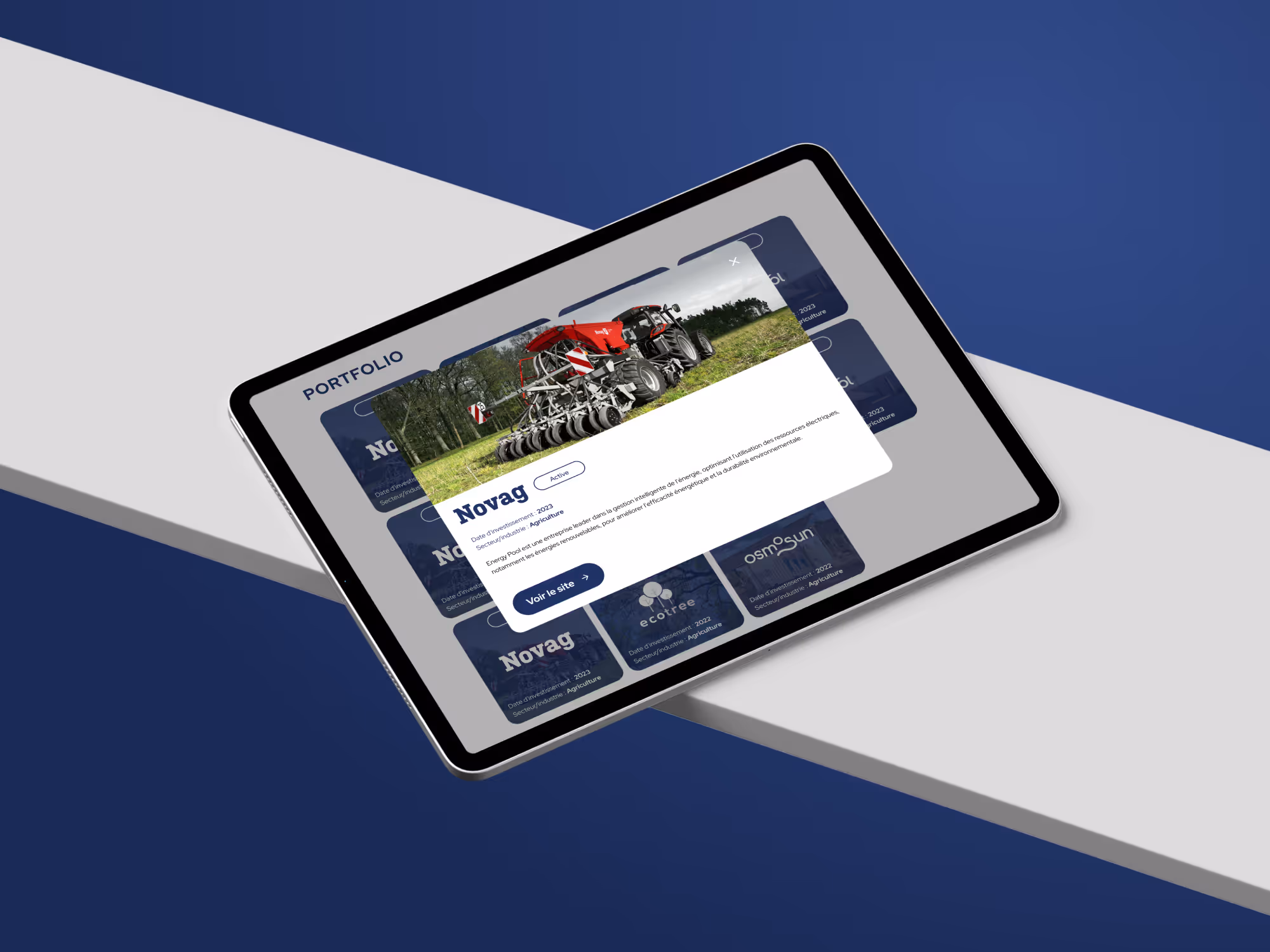 Tablet displaying Famae Impact investment portfolio with an open detailed card showing a red agricultural machine in a field.