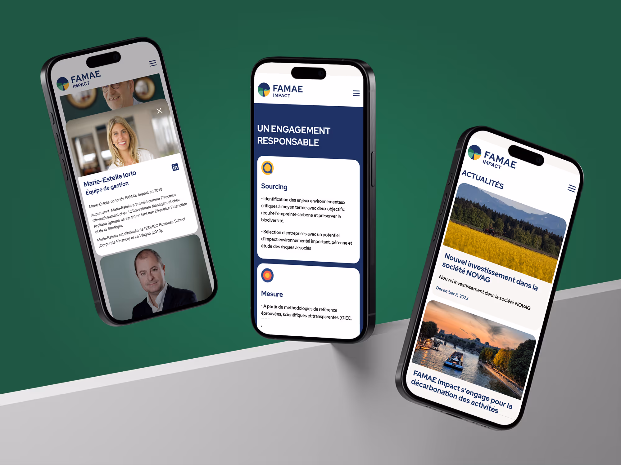 Three smartphones displaying the FAMAE Impact website with profiles, responsible sourcing text, and investment news in French on a green background.