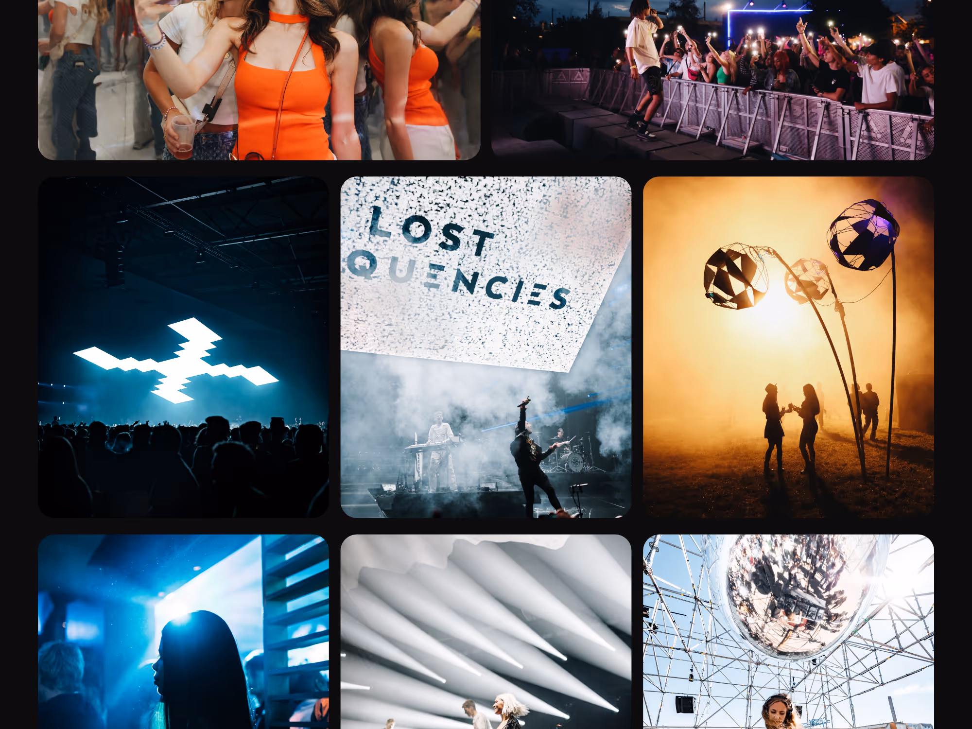 Killian Jouffroy collage of live music and festival scenes including a crowd at a concert, a performer on stage with 'LOST FREQUENCIES' on a screen, festival lights, and attendees enjoying the event.