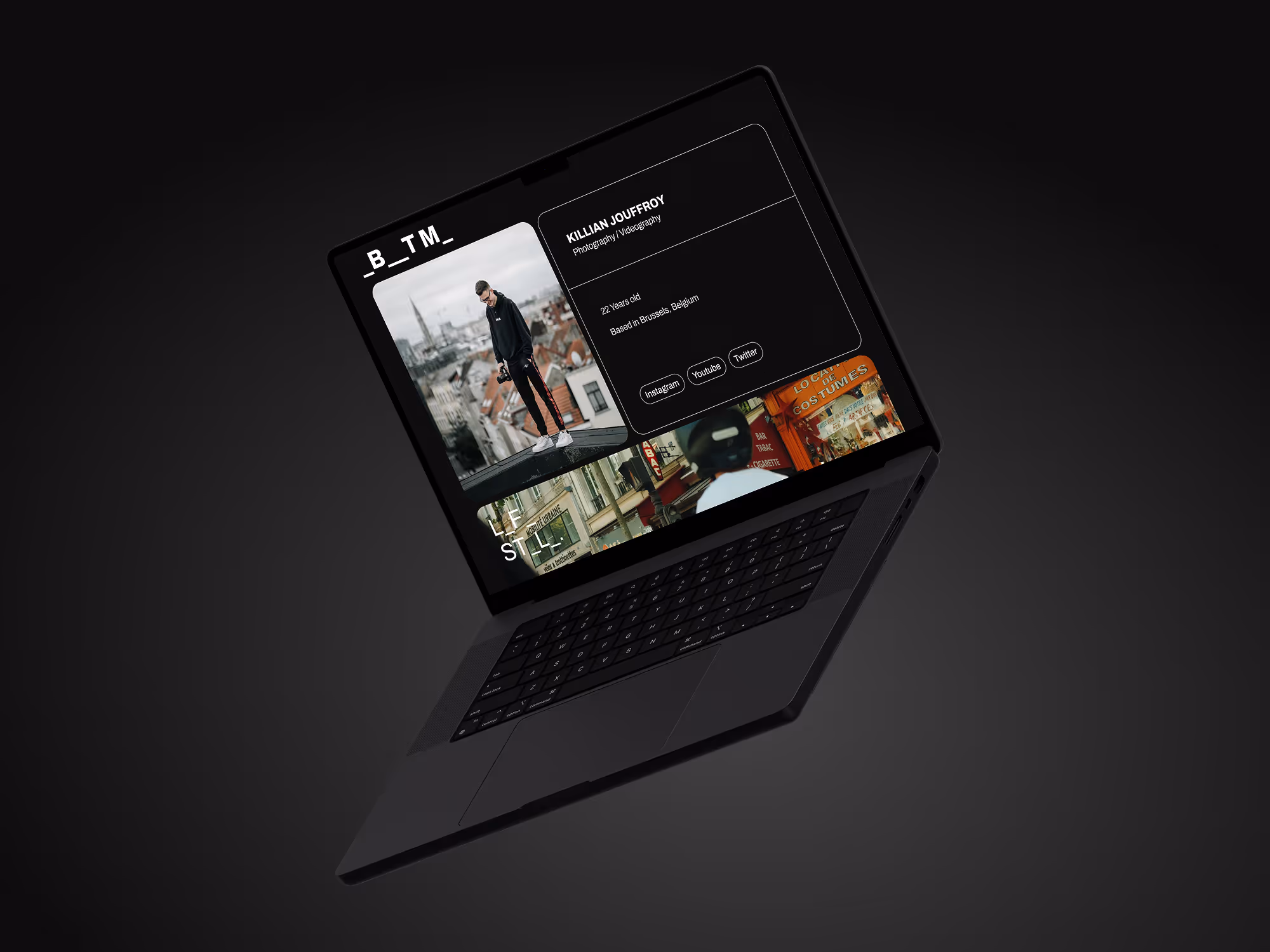 Laptop tilted against a dark background displaying a photographer Killian Jouffroy's profile with social media buttons and cityscape photos.
