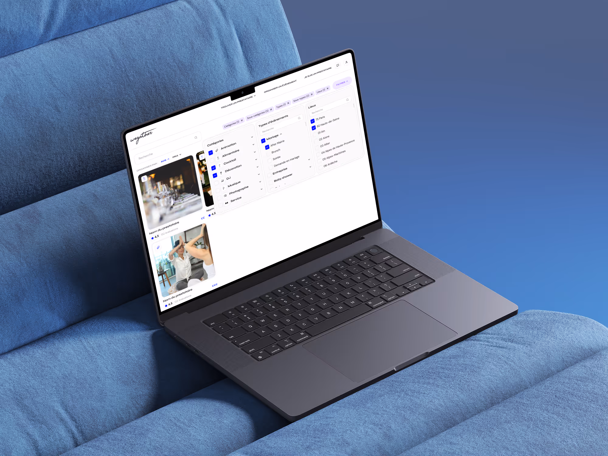 Open laptop on a blue couch displaying Wegather website interface with filters for categories, event types, and locations.