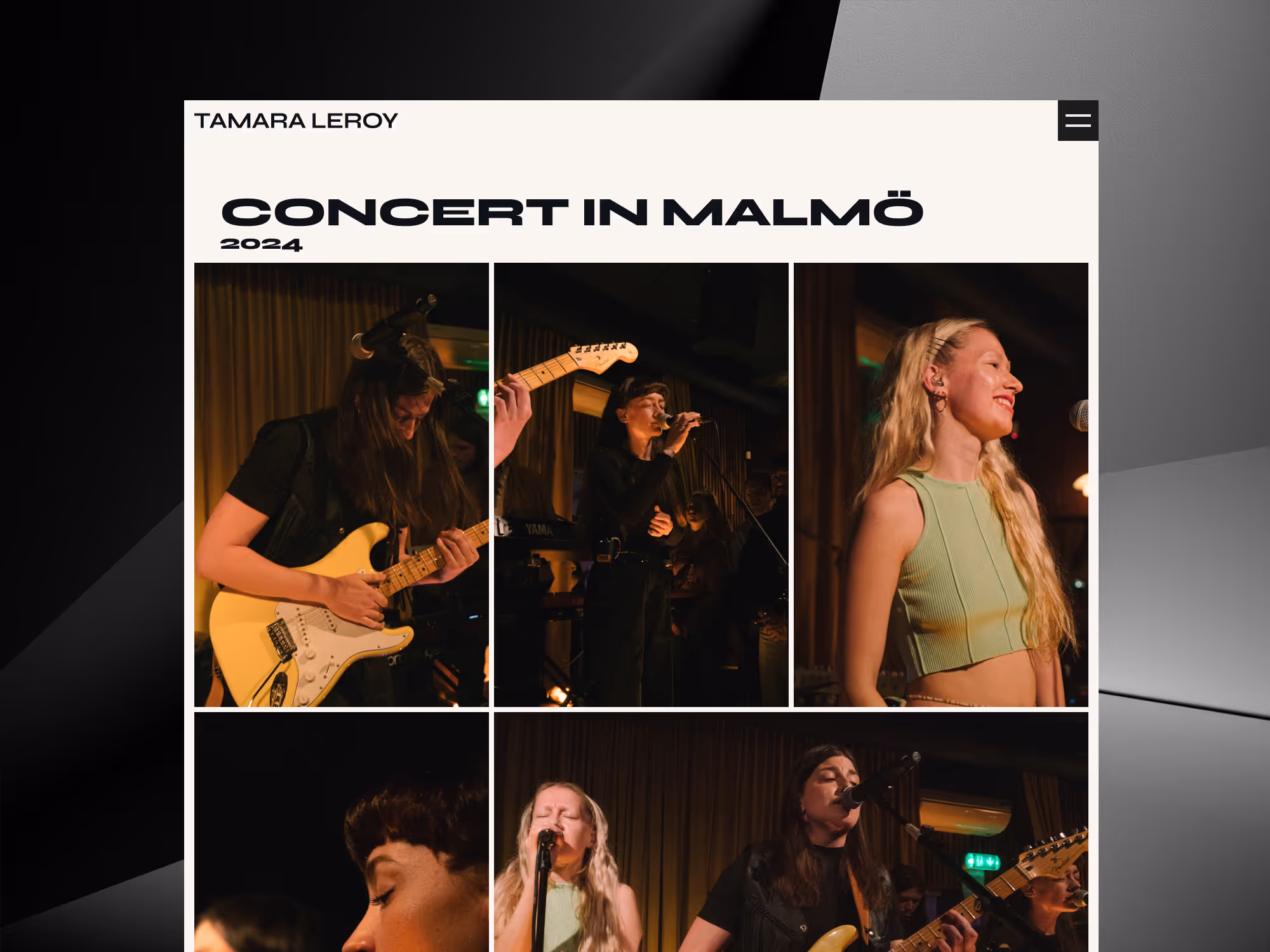 Tamara Leroy website mockup featuring concert photos of musicians playing guitar and singing during a live performance.