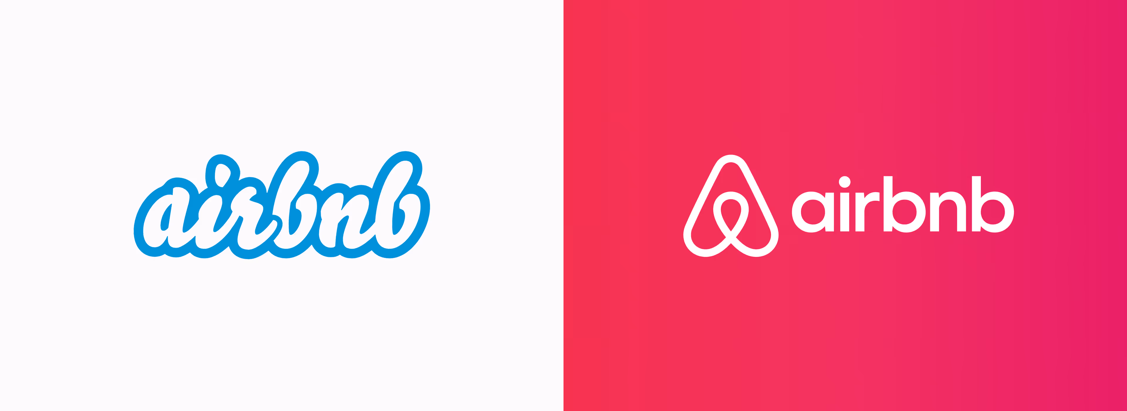 Airbnb logo before and after rebrand — old blue script wordmark versus new Bélo symbol with modern sans-serif logotype, 2014