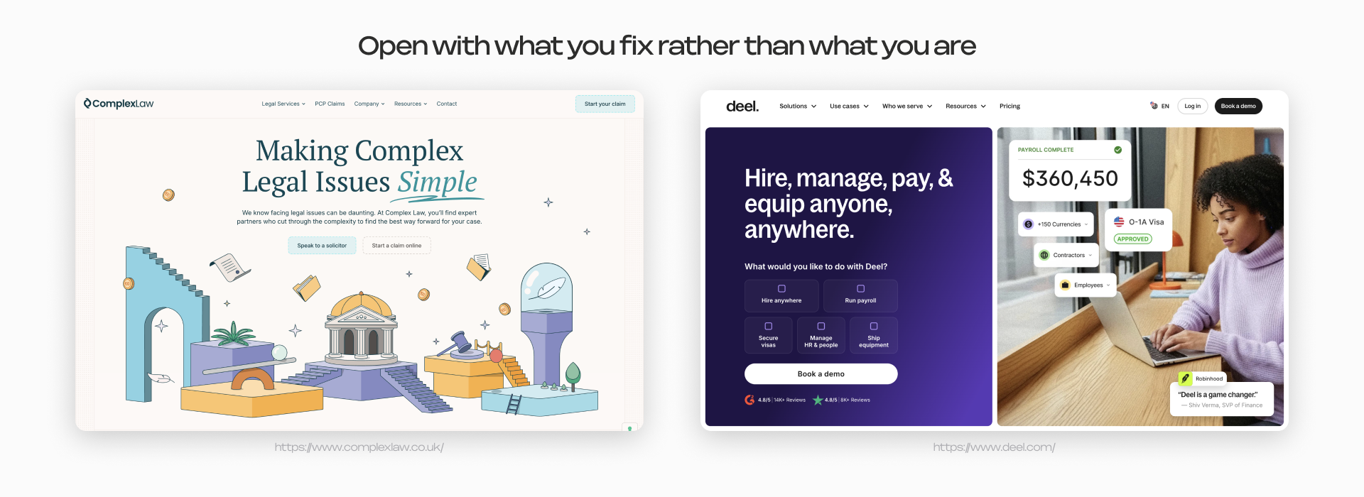 Homepage hero sections from Complex Law and Deel leading with the problem they solve, not the company name