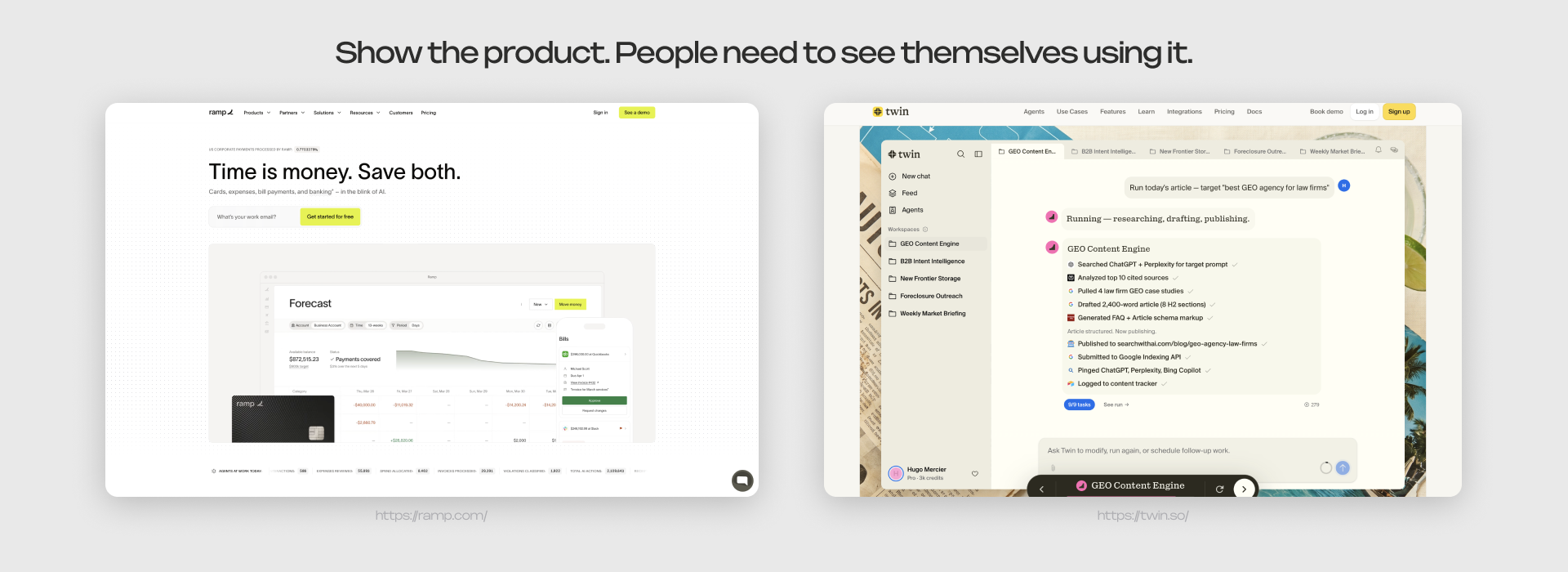 amp and Twin homepage sections showing real product screenshots instead of describing the interface in text