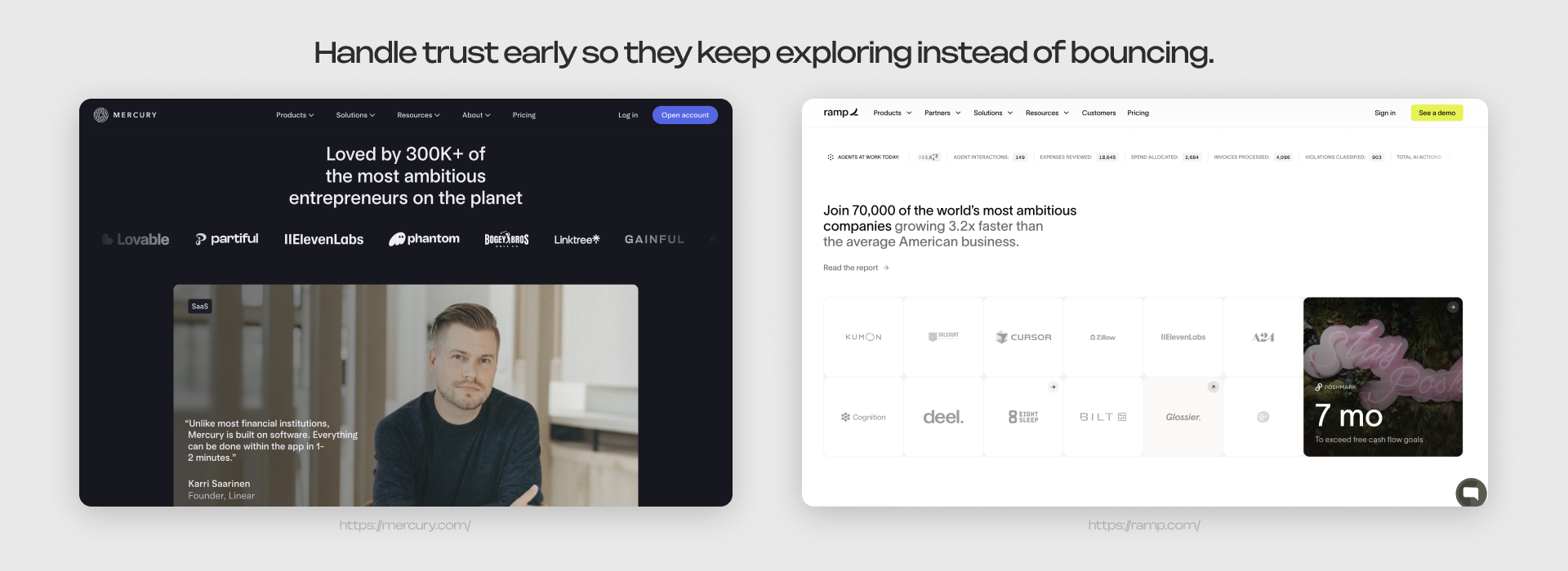 Mercury and Ramp homepage trust sections displaying client logos and usage numbers above the fold