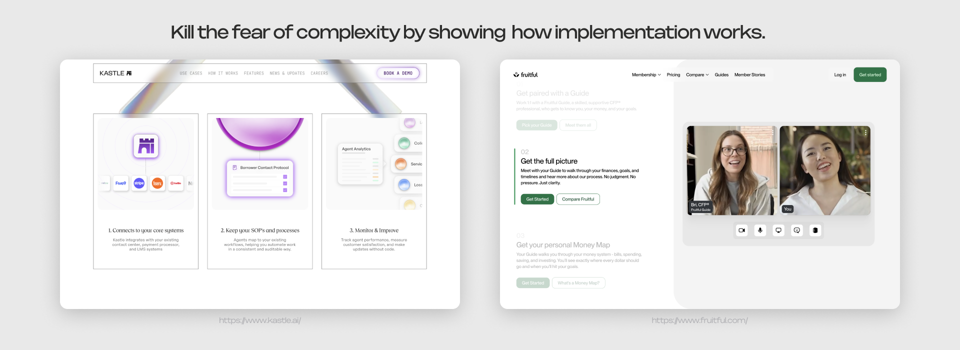 Kastle and Fruitful onboarding sections breaking product implementation into a short numbered sequence