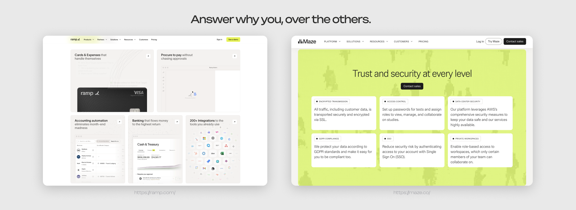 Ramp and Maze homepage sections listing specific advantages over competing tools