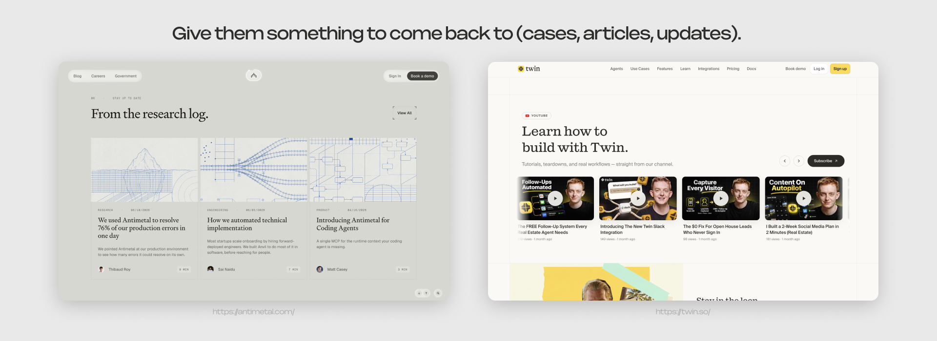 Antimetal and Twin homepage sections featuring case studies and tutorial content