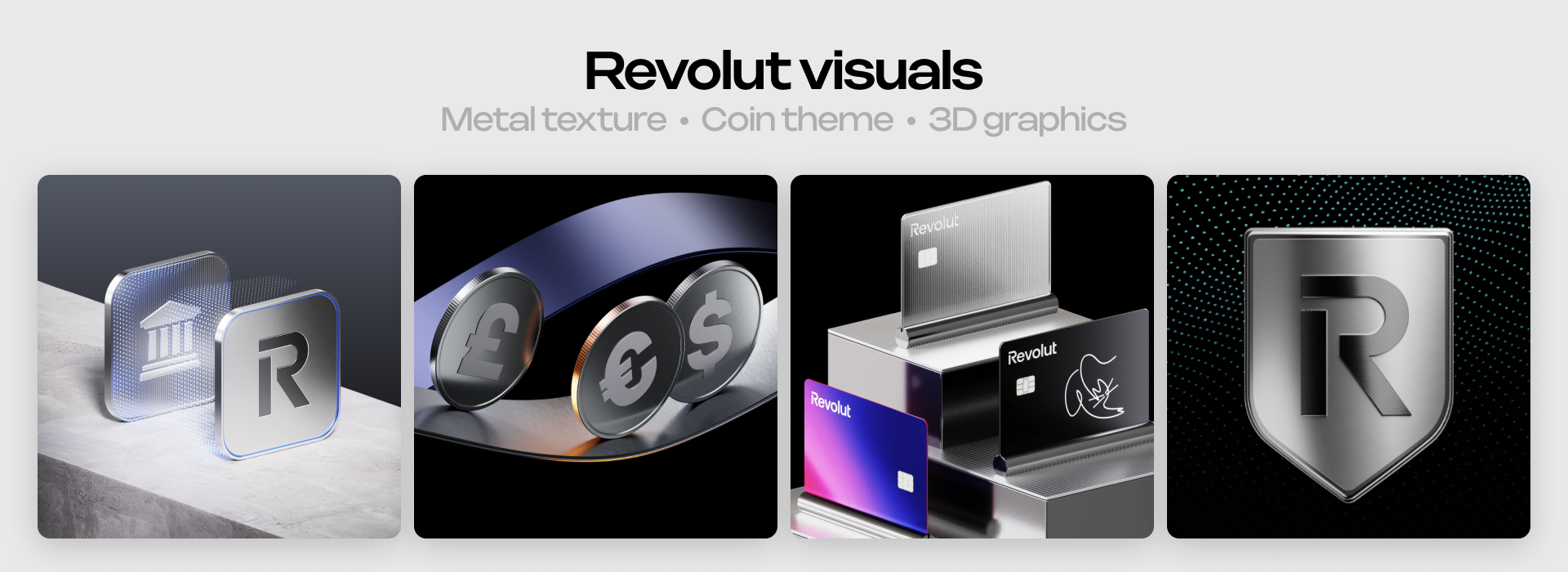 Revolut's metallic, coin-themed 3D visual system, a mascot-free brand identity built on materials