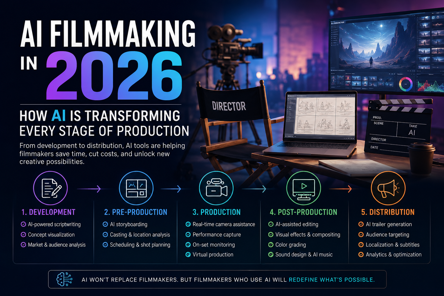 Map AI tools to every filmmaking stage from development to distribution. Covers ai video production workflows, costs, and where AI replaces or supports traditional crews