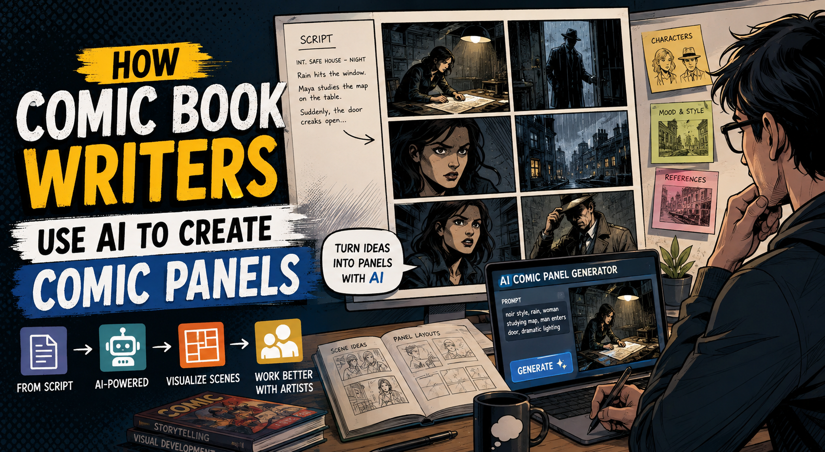AI can help comic book writers see their stories before they are drawn. Explore how to turn scripts and ideas into visual comic panels.