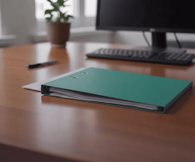Chemise verte avec des documents à l'intérieur sur un bureau en bois devant un clavier et un pot de plante flou.