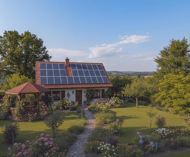 Maison avec toiture équipée de panneaux solaires, entourée d'un jardin bien entretenu avec des arbres, des fleurs colorées et une petite pergola.