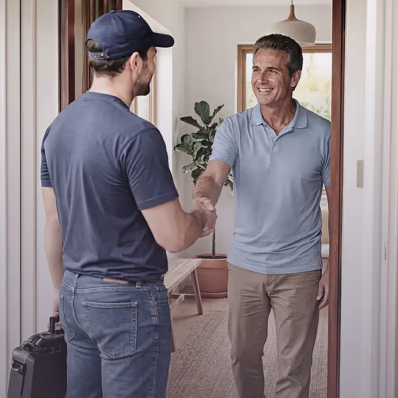 Un homme en polo bleu clair accueille un technicien vêtu d'un t-shirt bleu marine et d'une casquette, se serrant la main à la porte d'entrée.