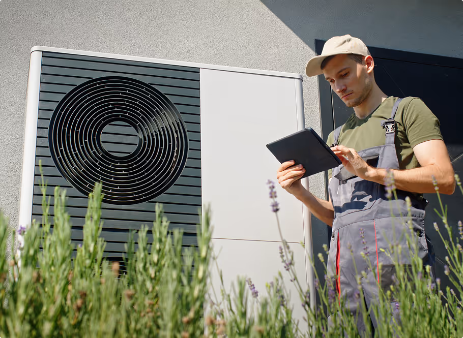 Technicien portant une casquette et une combinaison, consultant une tablette devant une unité de climatisation extérieure avec des plantes au premier plan.