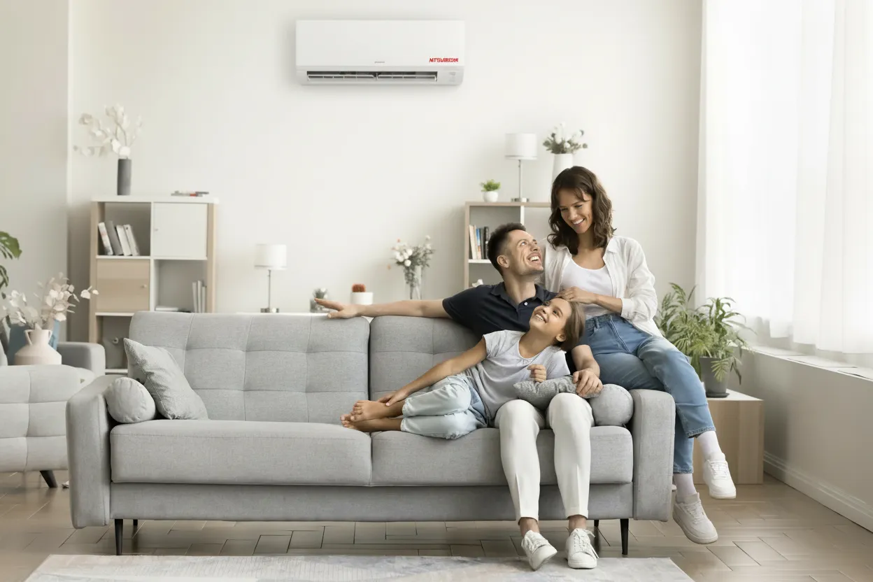 Une famille heureuse de trois personnes assise sur un canapé gris dans un salon lumineux avec un climatiseur mural au-dessus.