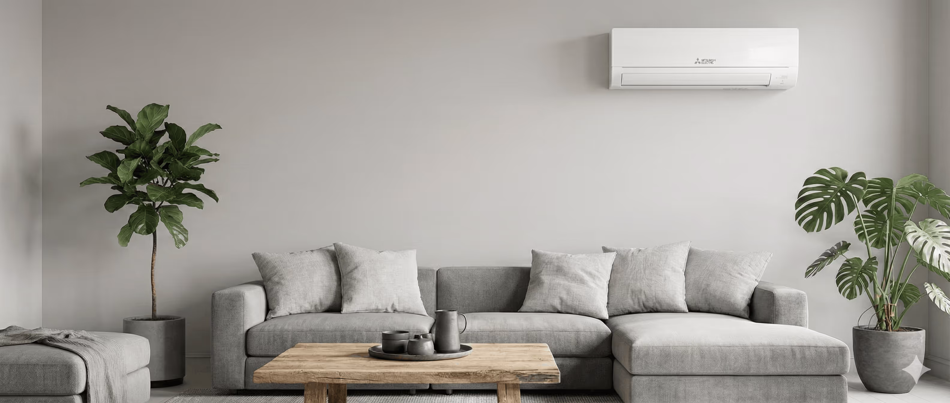 Salon moderne avec canapé gris, table basse en bois, deux grandes plantes en pots et un climatiseur mural blanc.