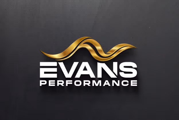 Evans Performance logo with stylized gold wave design above bold white text on a dark background.