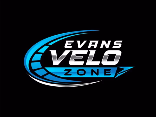 Logo with stylized blue and silver text reading 'Evans Velo Zone' against a black background.