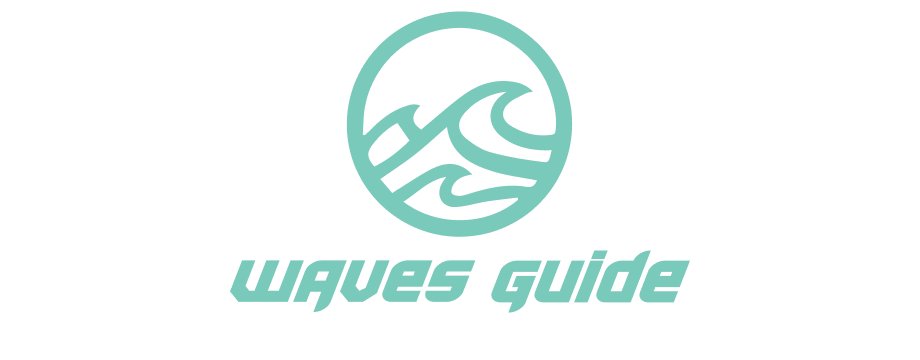 Logo van golven binnen een cirkel boven de tekst Waves Guide in blauwe tint.