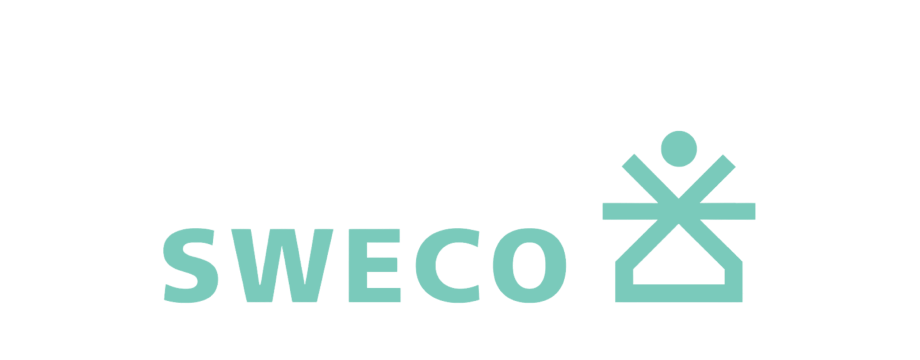 Sweco-logo in turquoise met gestileerd menselijk figuur rechts van de tekst.