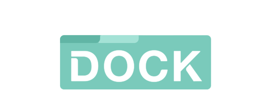 Logo met het woord DOCK in zwarte letters op een groenblauwe rechthoek.