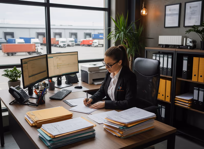 Mujer con gafas y traje escribiendo en una oficina con dos monitores, pilas de documentos y una ventana que muestra camiones afuera.