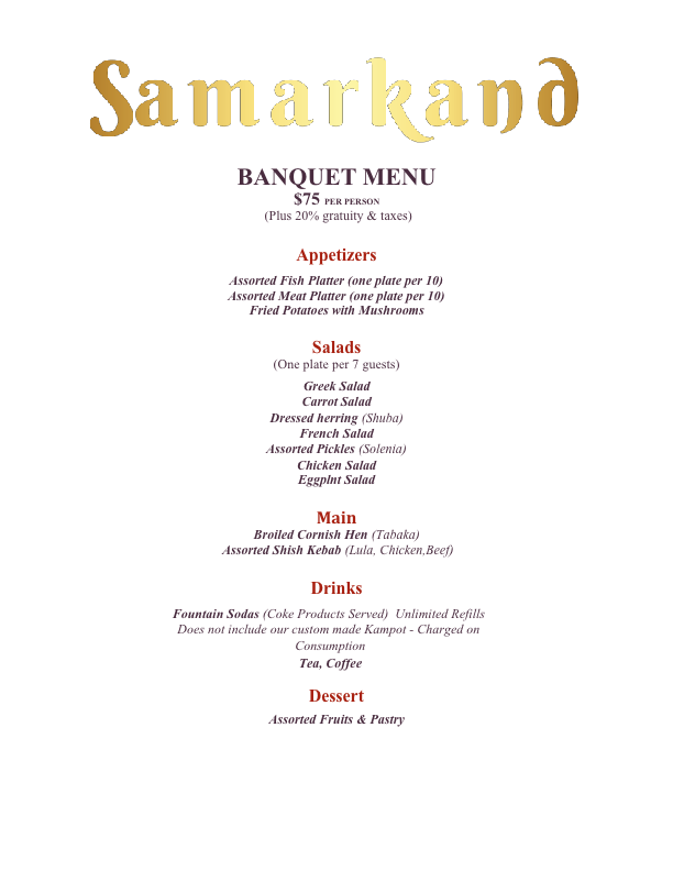 Samarkand Restaurant Banquet menu